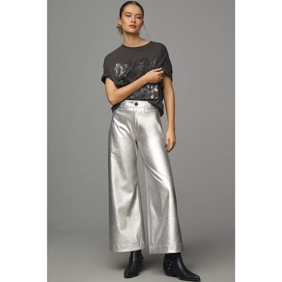 Anthropologie Pants - NWT Maeve The Ettie HR Crop Faux-leather Wide-Leg Pants Sz 24P Silver #7D532
